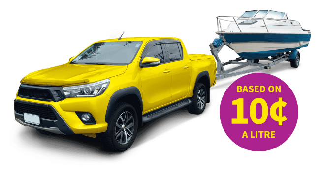 Yellow ute towing a boat  featuring kora's 10c fuel  savings sticker
